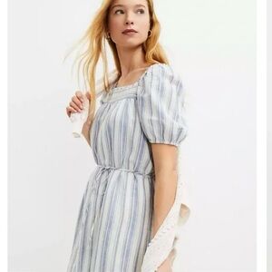 NWOT Loft Square Neck Puff Sleeve Striped Shift Cottagecore Dress Coastal S